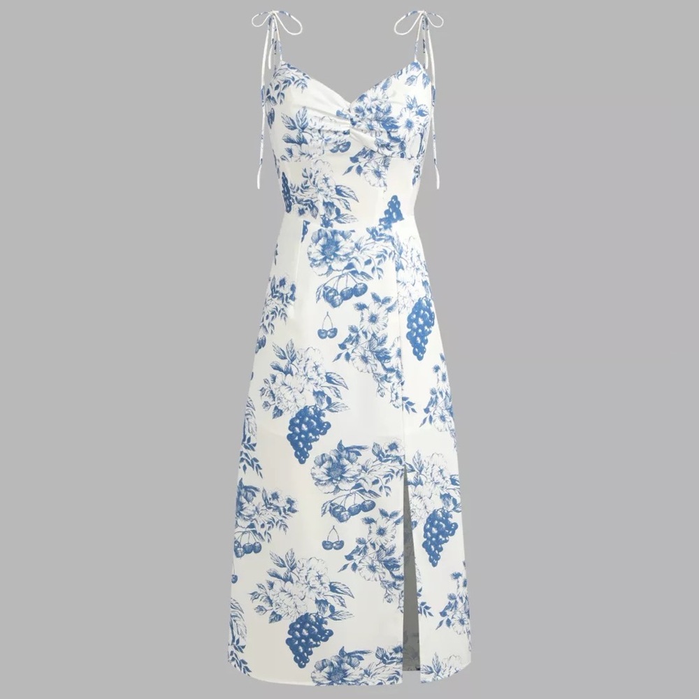 Floral tie shoulder slit midi dress